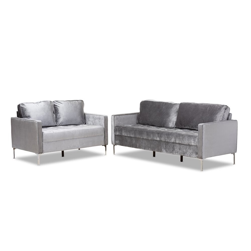 BAXTON STUDIO CLARA MODERN AND CONTEMPORARY GREY VELVET FABRIC UPHOLSTERED 2-PIECE LIVING ROOM SET