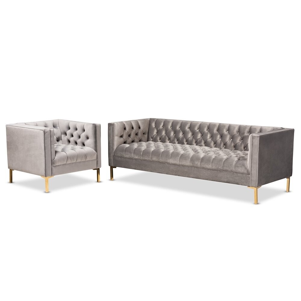 BAXTON STUDIO ZANETTA GLAM AND LUXE GRAY VELVET UPHOLSTERED GOLD FINISHED 2-PIECE SOFA AND LOUNGE CHAIR SET