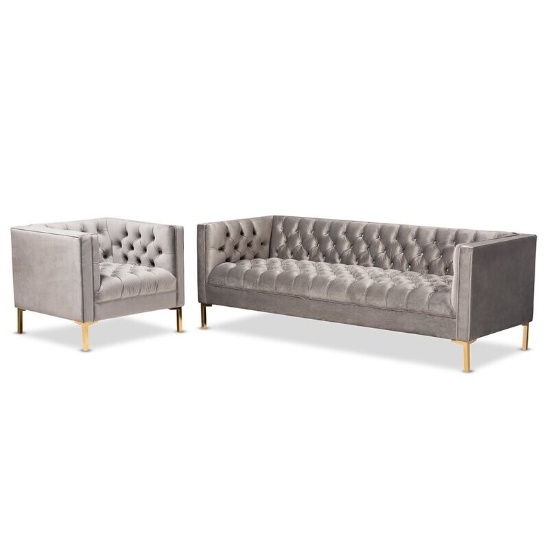 BAXTON STUDIO ZANETTA GLAM AND LUXE GRAY VELVET UPHOLSTERED GOLD FINISHED 2-PIECE SOFA AND LOUNGE CHAIR SET