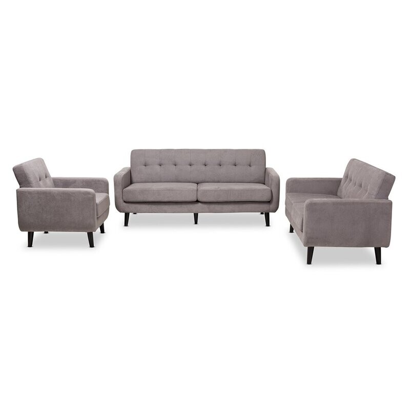 BAXTON STUDIO CARINA MID-CENTURY MODERN LIGHT GREY FABRIC UPHOLSTERED 3-PIECE LIVING ROOM SET