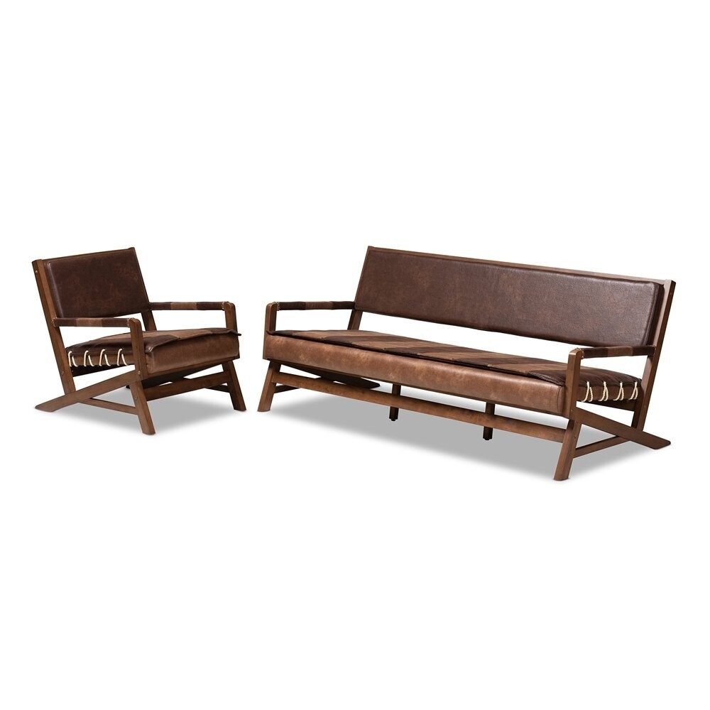BAXTON STUDIO ROVELYN RUSTIC BROWN FAUX LEATHER UPHOLSTERED WALNUT FINISHED WOOD 2-PIECE LIVING ROOM SET