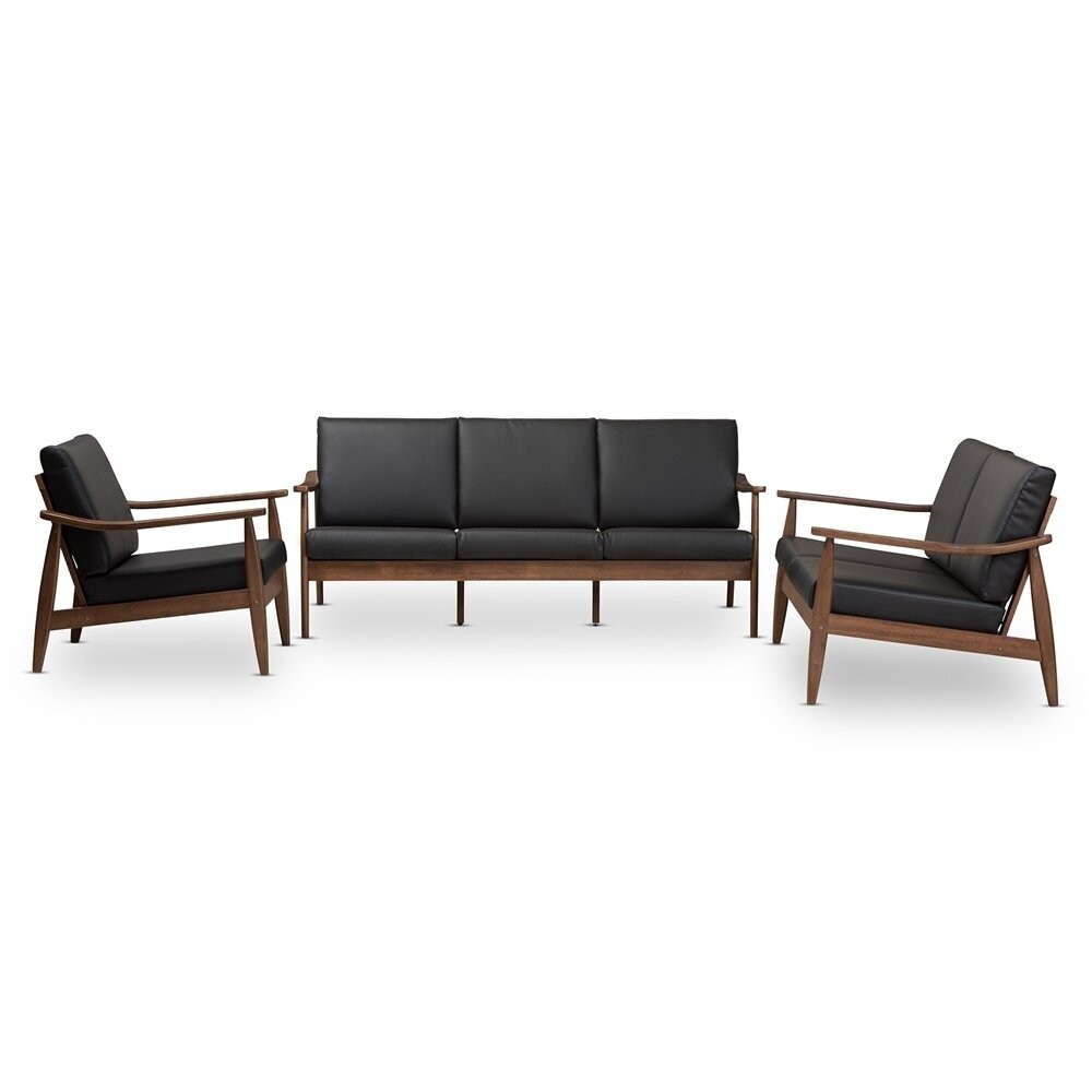 BAXTON STUDIO VENZA MID-CENTURY MODERN WALNUT WOOD BLACK FAUX LEATHER 3-PIECE LIVINGROOM SET
