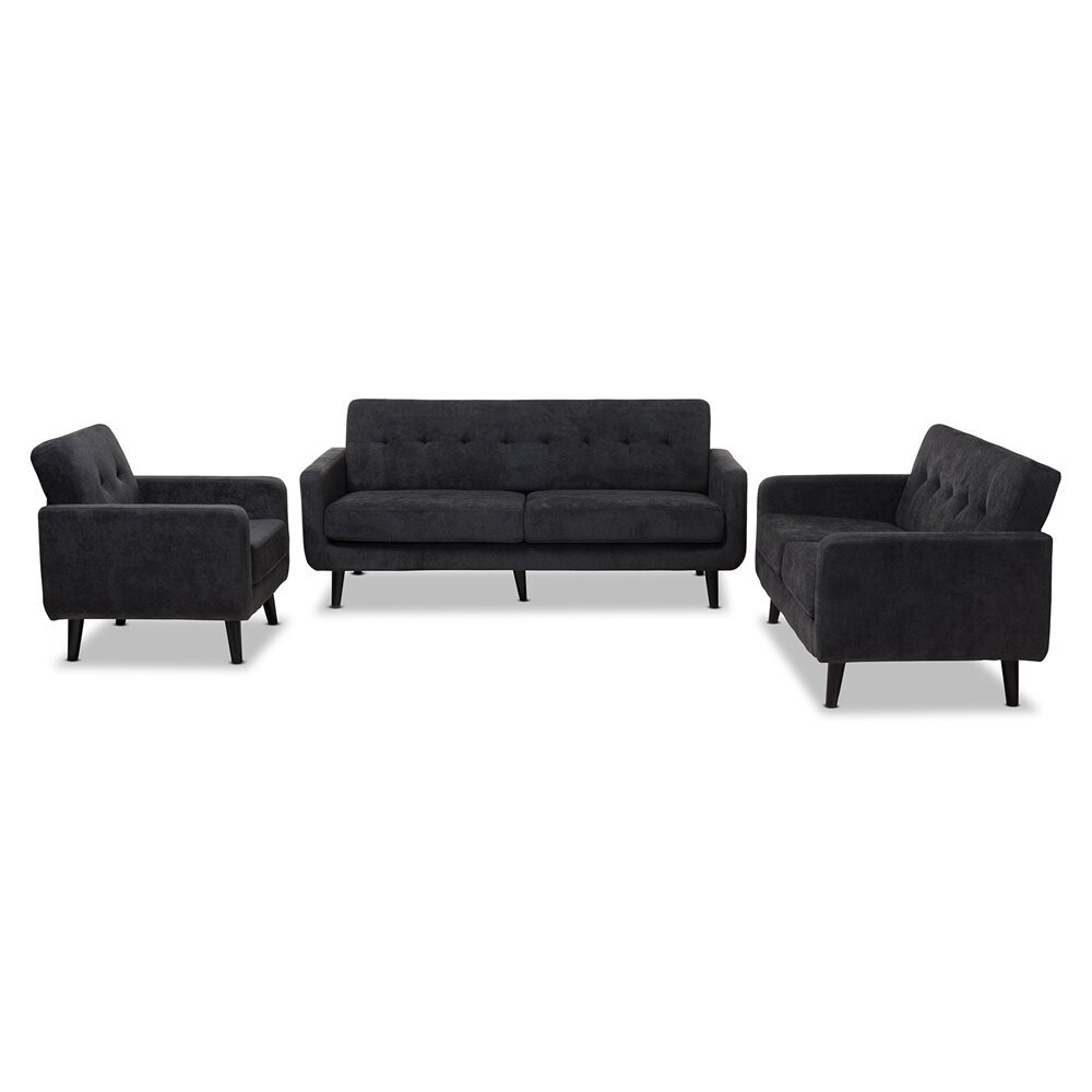 BAXTON STUDIO CARINA MID-CENTURY MODERN DARK GREY FABRIC UPHOLSTERED 3-PIECE LIVING ROOM SET