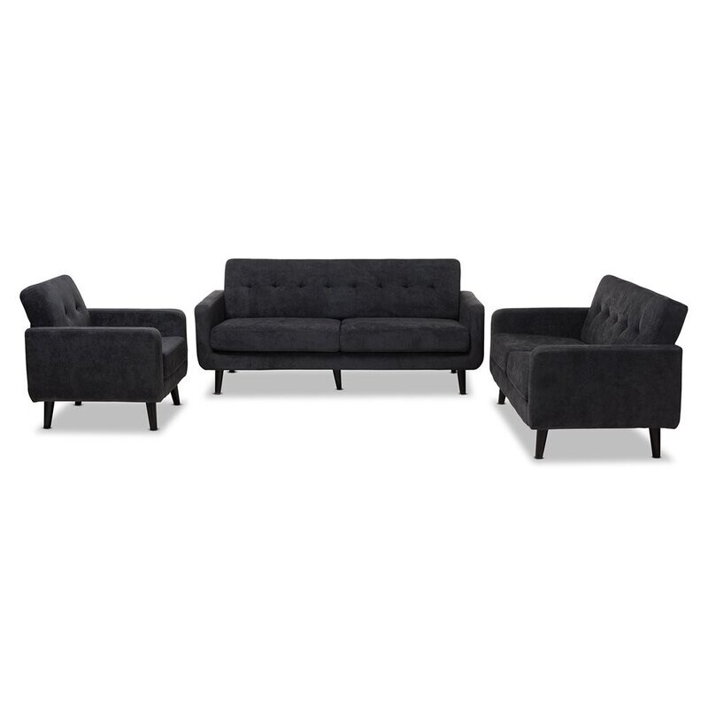 BAXTON STUDIO CARINA MID-CENTURY MODERN DARK GREY FABRIC UPHOLSTERED 3-PIECE LIVING ROOM SET