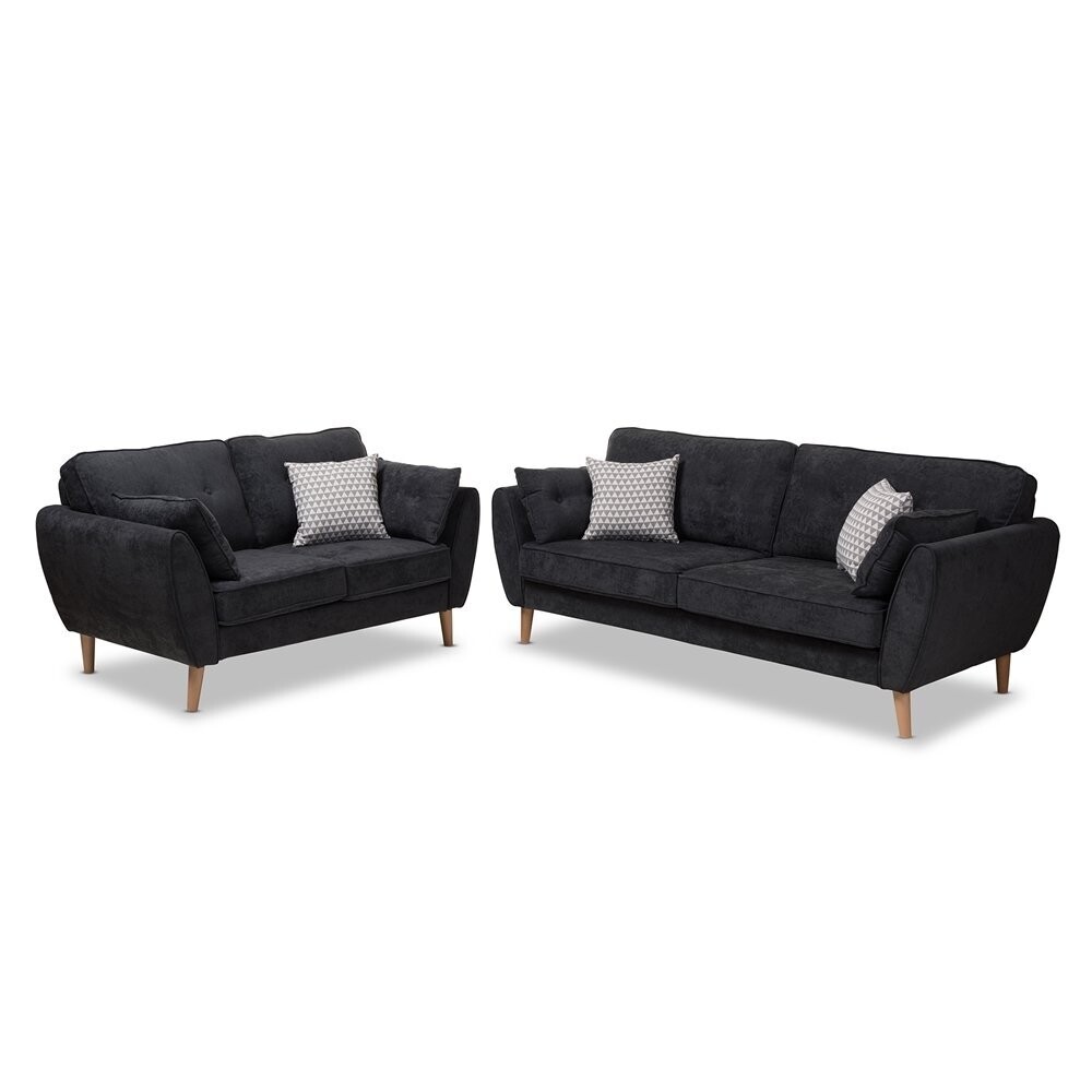 BAXTON STUDIO MIRANDA MID-CENTURY MODERN DARK GREY FABRIC UPHOLSTERED 2-PIECE LIVING ROOM SET