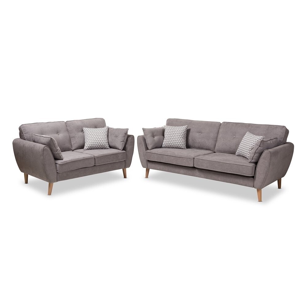 BAXTON STUDIO MIRANDA MID-CENTURY MODERN LIGHT GREY FABRIC UPHOLSTERED 2-PIECE LIVING ROOM SET