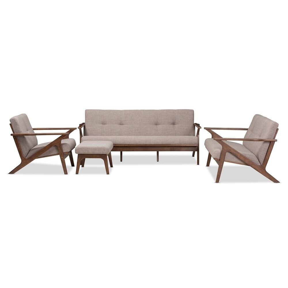 BAXTON STUDIO BIANCA MID-CENTURY MODERN WALNUT WOOD LIGHT GREY FABRIC TUFTED LIVINGROOM SOFA SET