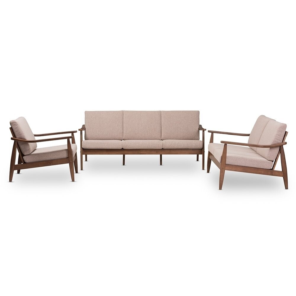BAXTON STUDIO VENZA MID-CENTURY MODERN WALNUT WOOD LIGHT BROWN FABRIC UPHOLSTERED 3-PIECE LIVINGROOM SET