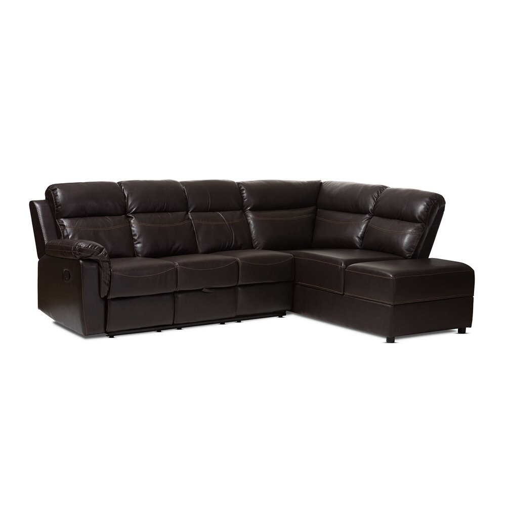 BAXTON STUDIO ROLAND MODERN AND CONTEMPORARY DARK BROWN FAUX LEATHER 2-PIECE SECTIONAL WITH RECLINER AND STORAGE CHAISE