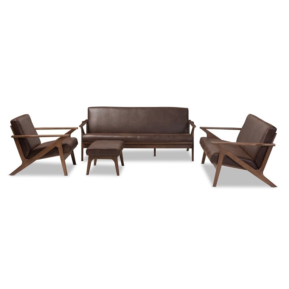 BAXTON STUDIO BIANCA MID-CENTURY MODERN WALNUT WOOD DARK BROWN DISTRESSED FAUX LEATHER LIVINGROOM SOFA SET