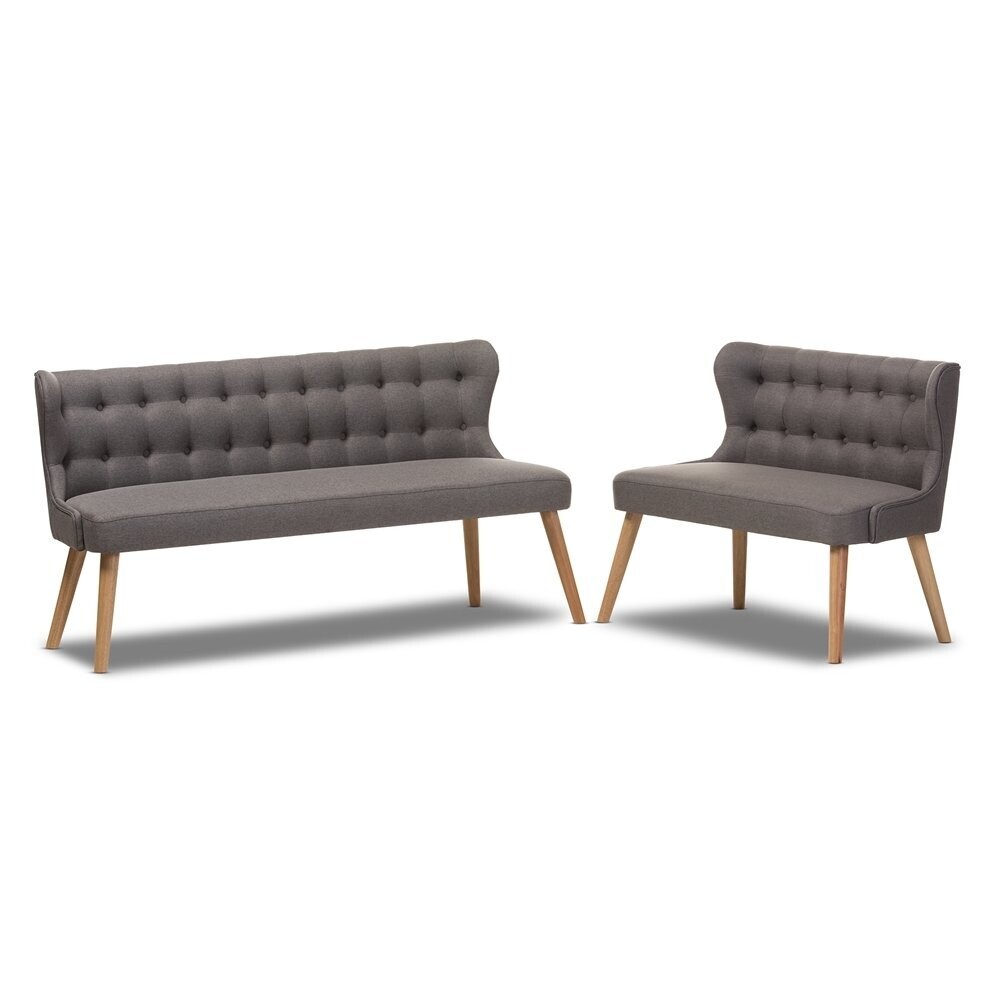 BAXTON STUDIO MELODY MID-CENTURY MODERN NATURAL WOOD FINISHING GREY FABRIC 2-PIECE SETTEE SET