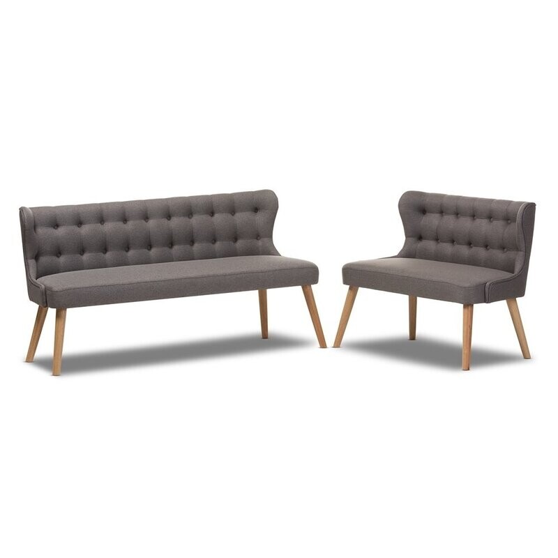 BAXTON STUDIO MELODY MID-CENTURY MODERN NATURAL WOOD FINISHING GREY FABRIC 2-PIECE SETTEE SET