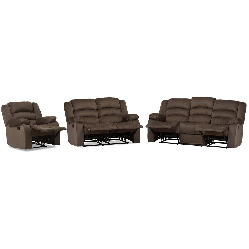 BAXTON STUDIO HOLLACE MODERN AND CONTEMPORARY TAUPE MICROSUEDE SOFA LOVESEAT AND CHAIR SET WITH 5 RECLINERS LIVING ROOM SET