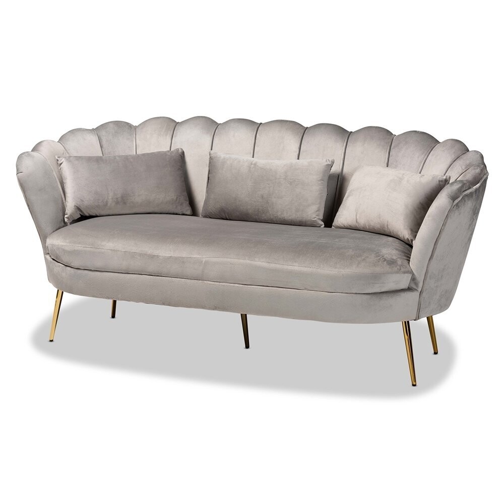 BAXTON STUDIO GENIA CONTEMPORARY GLAM AND LUXE GREY VELVET FABRIC UPHOLSTERED AND GOLD METAL SOFA