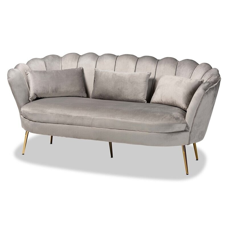 BAXTON STUDIO GENIA CONTEMPORARY GLAM AND LUXE GREY VELVET FABRIC UPHOLSTERED AND GOLD METAL SOFA