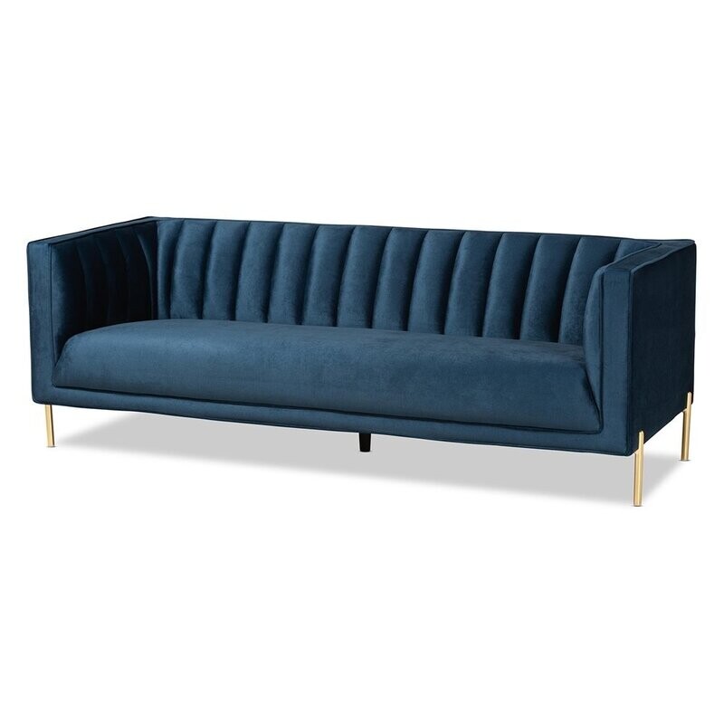 BAXTON STUDIO MAIA CONTEMPORARY GLAM AND LUXE NAVY BLUE VELVET FABRIC UPHOLSTERED AND GOLD FINISHED METAL SOFA
