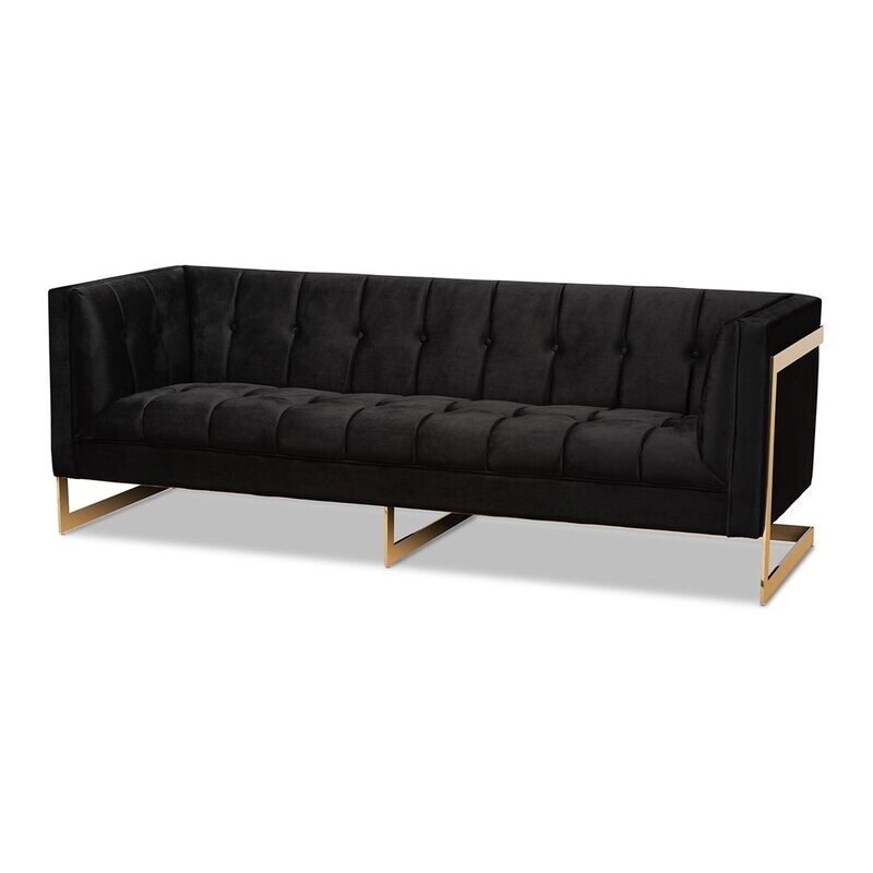BAXTON STUDIO AMBRA GLAM AND LUXE BLACK VELVET UPHOLSTERED AND BUTTON TUFTED SOFA WITH GOLD-TONE FRAME