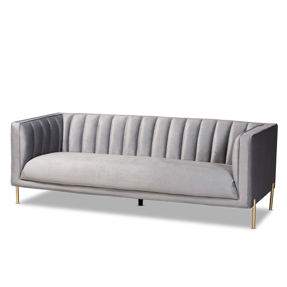 BAXTON STUDIO MAIA CONTEMPORARY GLAM AND LUXE GREY VELVET FABRIC UPHOLSTERED AND GOLD FINISHED METAL SOFA
