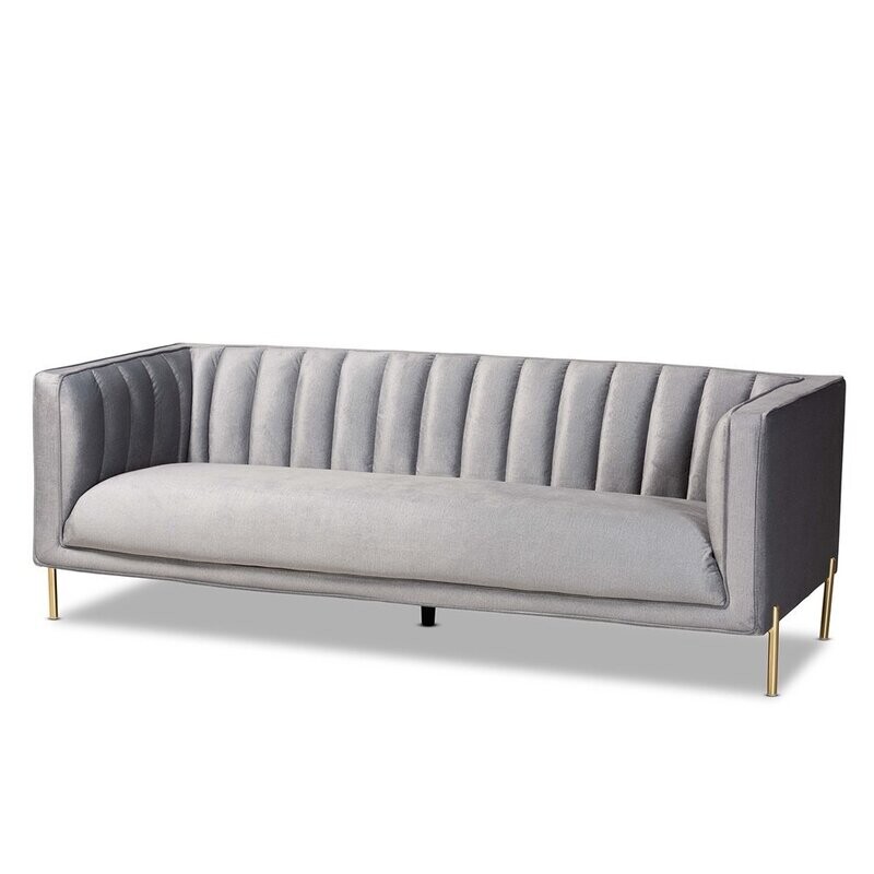 BAXTON STUDIO MAIA CONTEMPORARY GLAM AND LUXE GREY VELVET FABRIC UPHOLSTERED AND GOLD FINISHED METAL SOFA