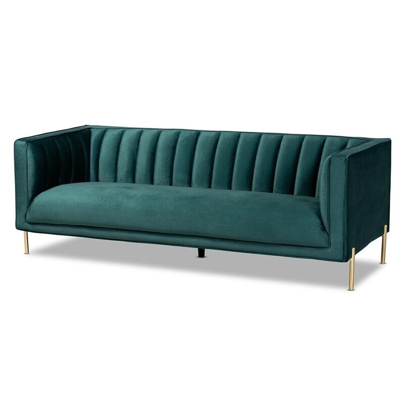 BAXTON STUDIO MAIA CONTEMPORARY GLAM AND LUXE GREEN VELVET FABRIC UPHOLSTERED AND GOLD FINISHED METAL SOFA