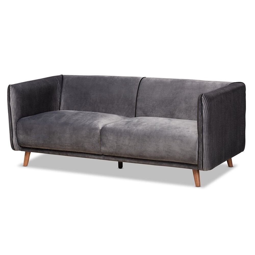 BAXTON STUDIO BEACHER MODERN AND CONTEMPORARY GREY VELVET FABRIC UPHOLSTERED AND WALNUT BROWN FINISHED WOOD SOFA