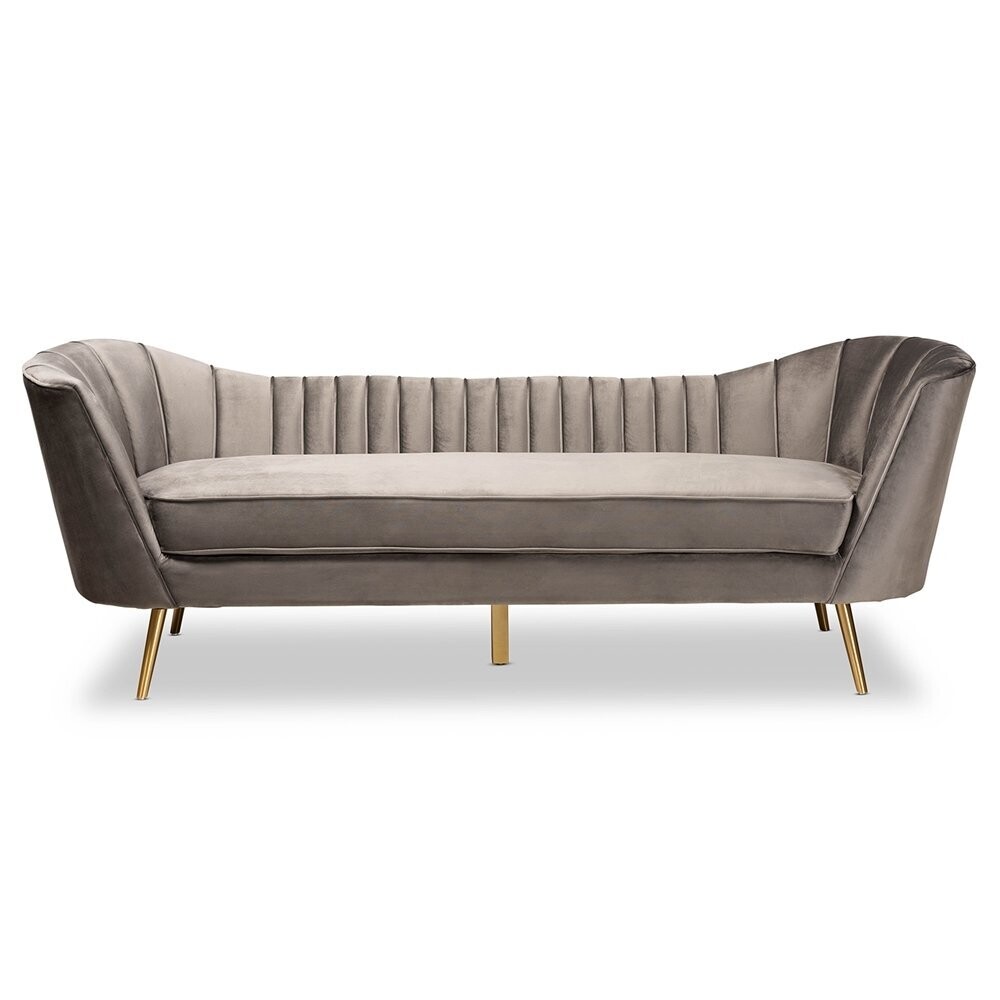 BAXTON STUDIO KAILYN GLAM AND LUXE GREY VELVET FABRIC UPHOLSTERED AND GOLD FINISHED SOFA