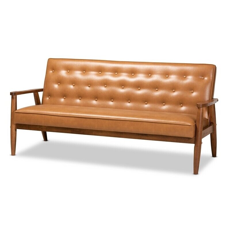 BAXTON STUDIO SORRENTO MID-CENTURY MODERN TAN FAUX LEATHER UPHOLSTERED AND WALNUT BROWN FINISHED WOOD SOFA