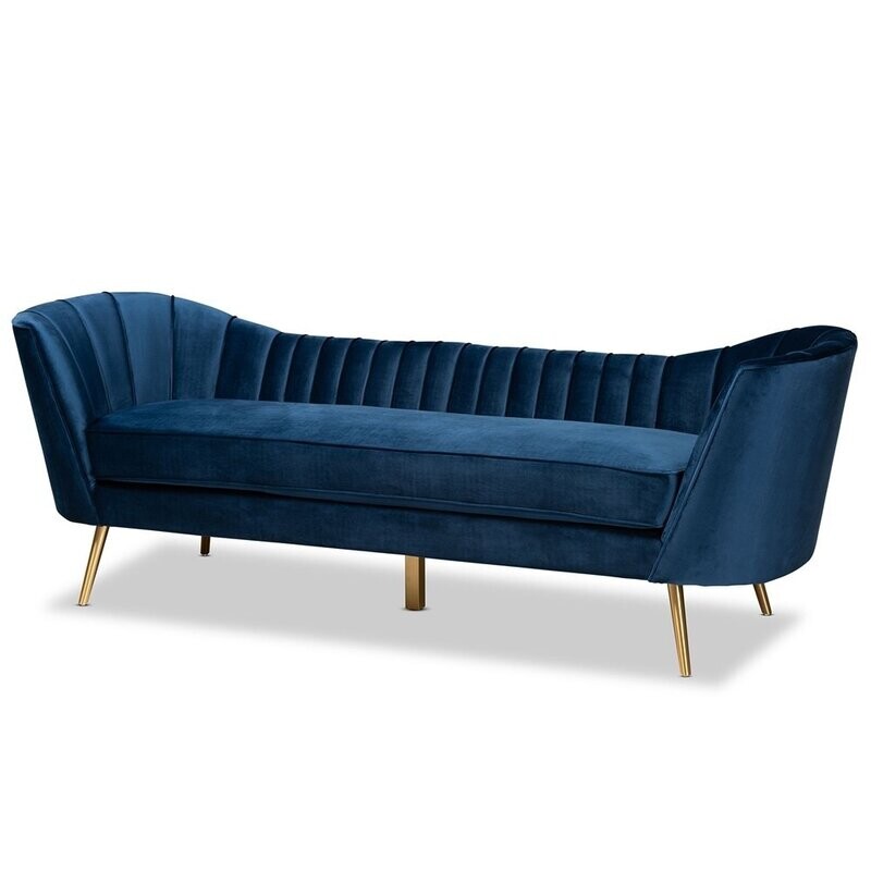 BAXTON STUDIO KAILYN GLAM AND LUXE NAVY BLUE VELVET FABRIC UPHOLSTERED AND GOLD FINISHED SOFA