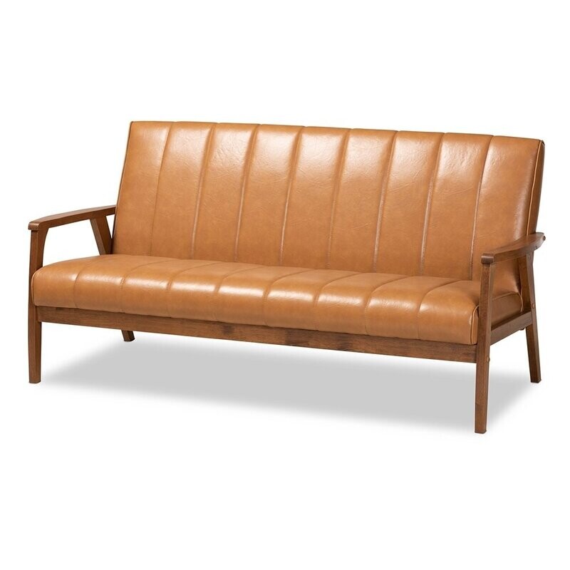 BAXTON STUDIO NIKKO MID-CENTURY MODERN TAN FAUX LEATHER UPHOLSTERED AND WALNUT BROWN FINISHED WOOD SOFA