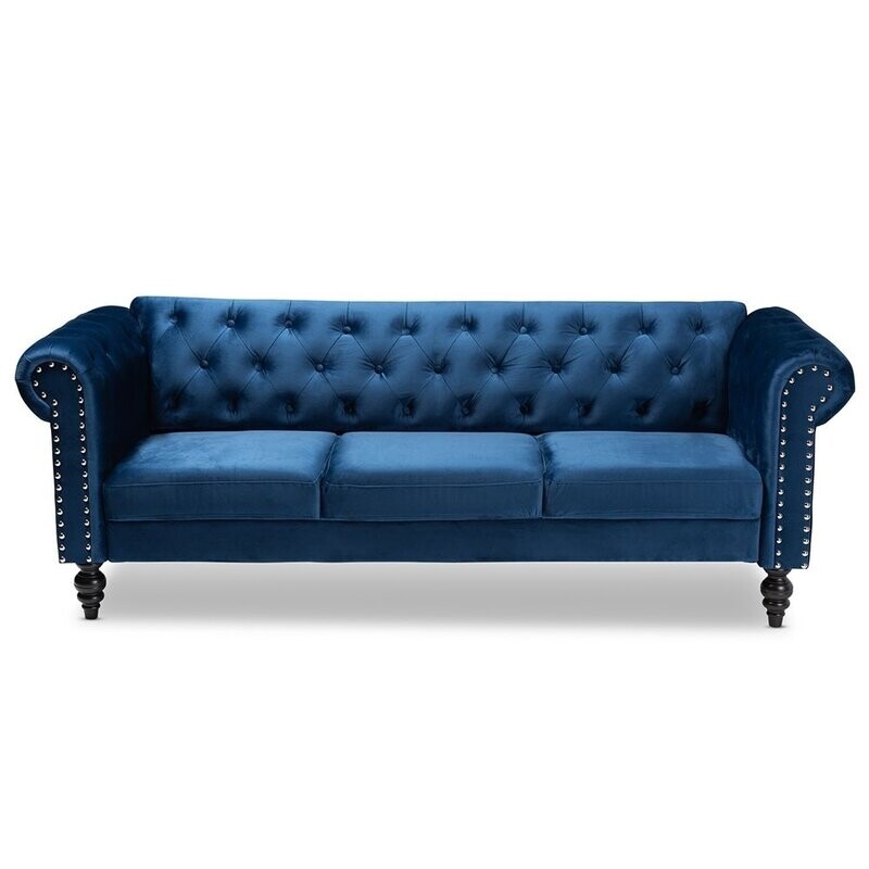 BAXTON STUDIO EMMA TRADITIONAL AND TRANSITIONAL NAVY BLUE VELVET FABRIC UPHOLSTERED AND BUTTON TUFTED CHESTERFIELD SOFA