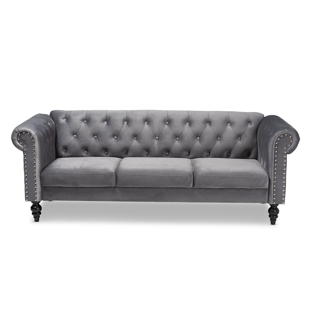 BAXTON STUDIO EMMA TRADITIONAL AND TRANSITIONAL GREY VELVET FABRIC UPHOLSTERED AND BUTTON TUFTED CHESTERFIELD SOFA