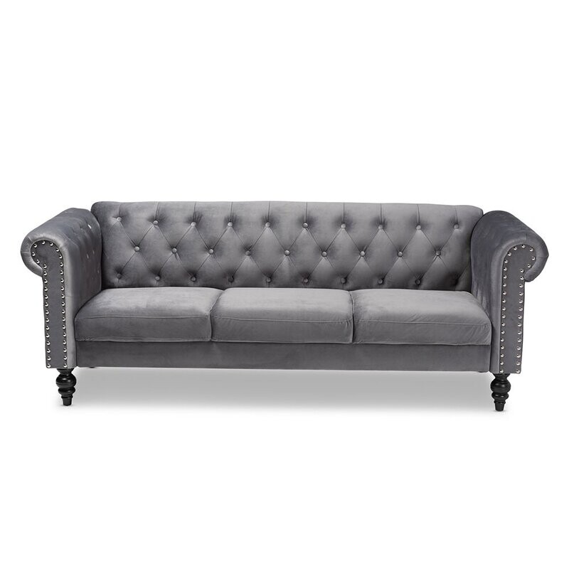 BAXTON STUDIO EMMA TRADITIONAL AND TRANSITIONAL GREY VELVET FABRIC UPHOLSTERED AND BUTTON TUFTED CHESTERFIELD SOFA