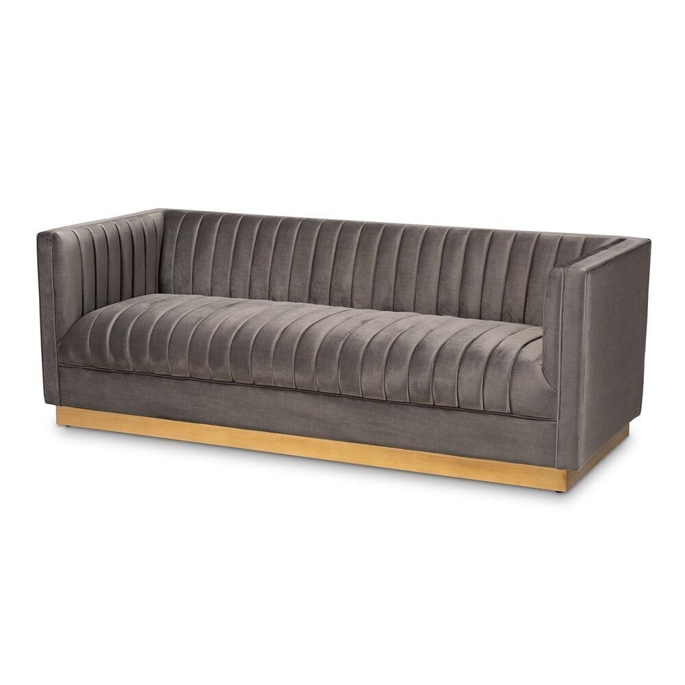 BAXTON STUDIO AVELINE GLAM AND LUXE GREY VELVET FABRIC UPHOLSTERED BRUSHED GOLD FINISHED SOFA