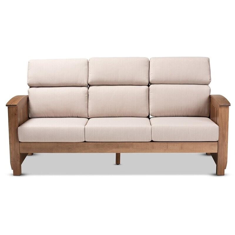 BAXTON STUDIO CHARLOTTE MODERN CLASSIC MISSION STYLE TAUPE FABRIC UPHOLSTERED WALNUT BROWN FINISHED WOOD 3-SEATER SOFA