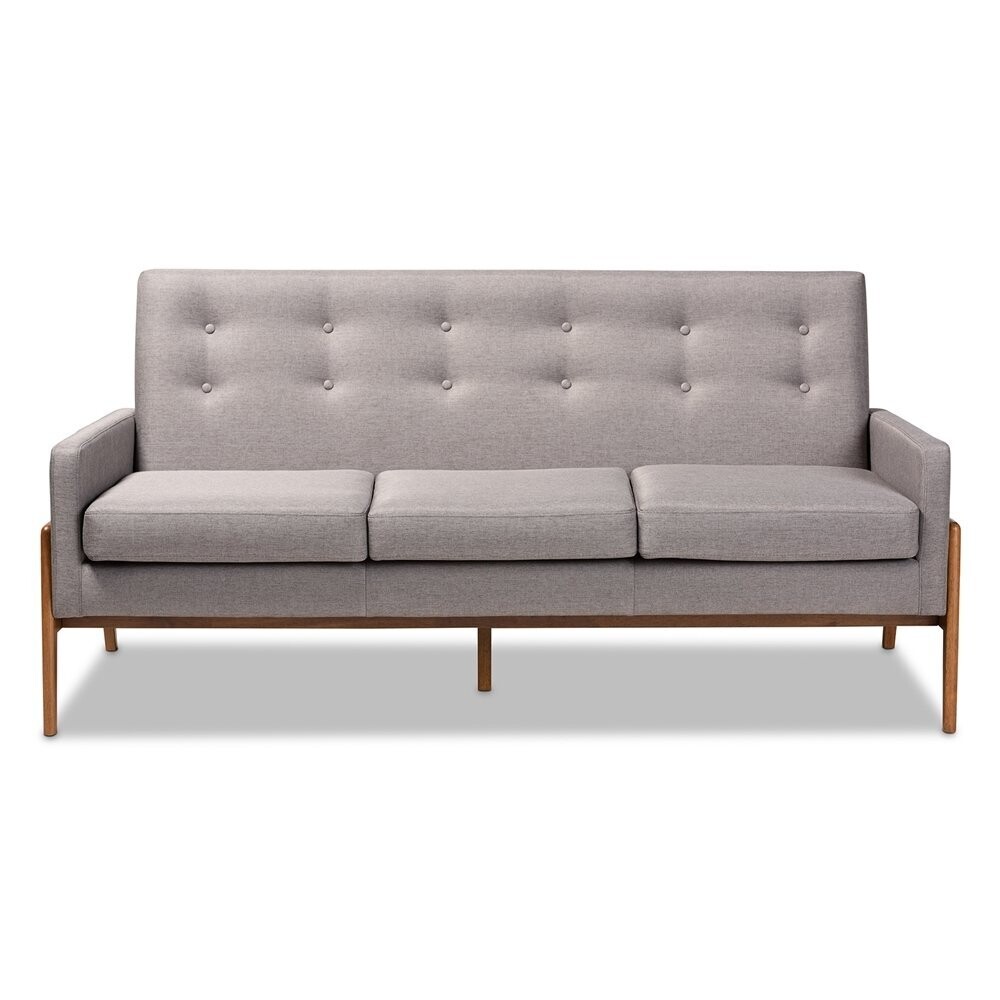 BAXTON STUDIO PERRIS MID-CENTURY MODERN LIGHT GREY FABRIC UPHOLSTERED WALNUT FINISHED WOOD SOFA