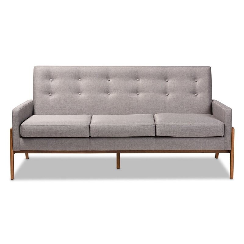 BAXTON STUDIO PERRIS MID-CENTURY MODERN LIGHT GREY FABRIC UPHOLSTERED WALNUT FINISHED WOOD SOFA