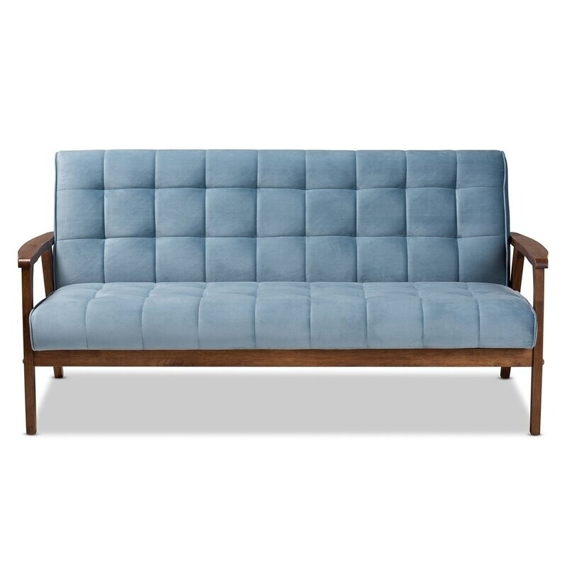 BAXTON STUDIO ASTA MID-CENTURY MODERN LIGHT BLUE VELVET FABRIC UPHOLSTERED WALNUT FINISHED WOOD SOFA