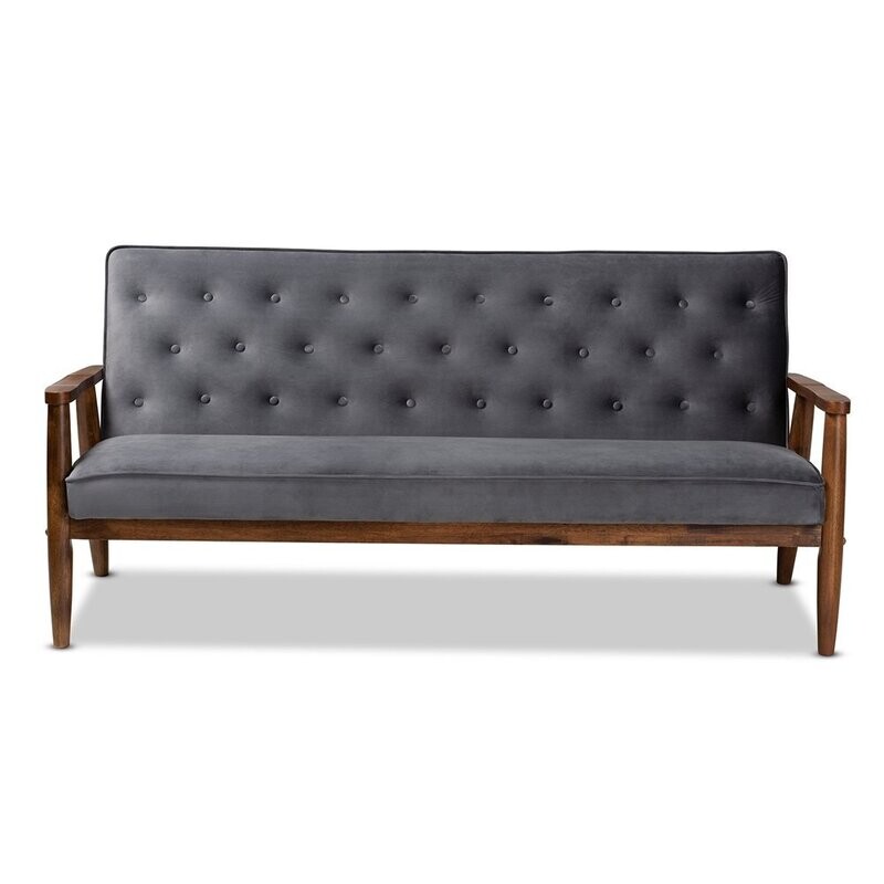 BAXTON STUDIO SORRENTO MID-CENTURY MODERN GREY VELVET FABRIC UPHOLSTERED WALNUT FINISHED WOODEN 3-SEATER SOFA
