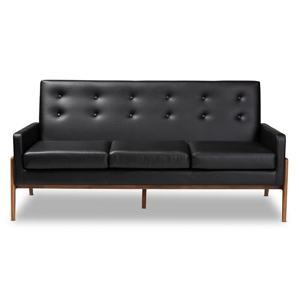 BAXTON STUDIO PERRIS MID-CENTURY MODERN BLACK FAUX LEATHER UPHOLSTERED WALNUT FINISHED WOOD SOFA