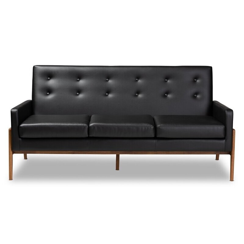 BAXTON STUDIO PERRIS MID-CENTURY MODERN BLACK FAUX LEATHER UPHOLSTERED WALNUT FINISHED WOOD SOFA