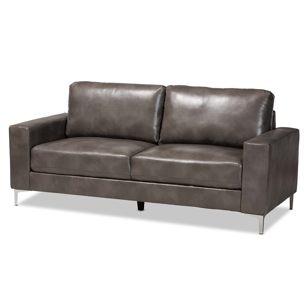 BAXTON STUDIO RAYAN MODERN AND CONTEMPORARY GREY FAUX LEATHER UPHOLSTERED SILVER FINISHED METAL LOVESEAT