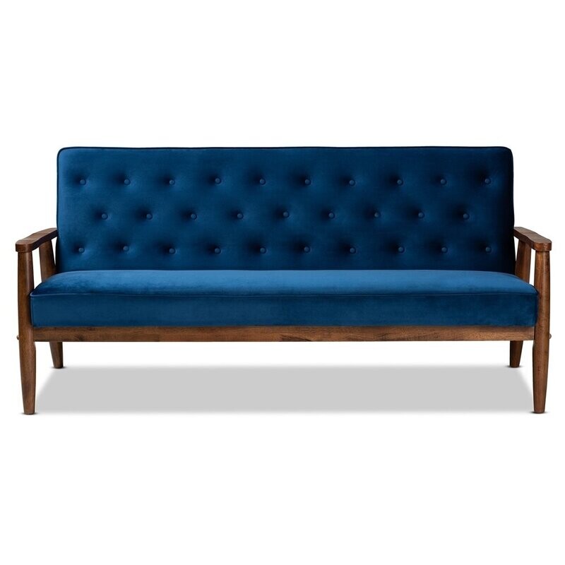 BAXTON STUDIO SORRENTO MID-CENTURY MODERN NAVY BLUE VELVET FABRIC UPHOLSTERED WALNUT FINISHED WOODEN 3-SEATER SOFA