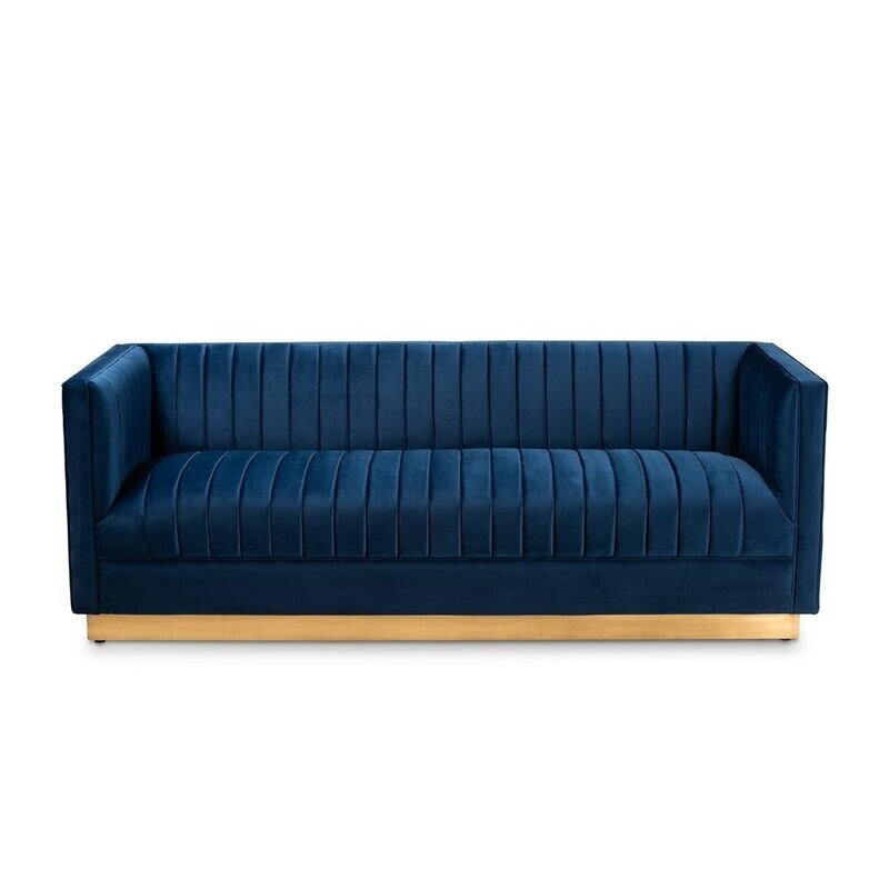 BAXTON STUDIO AVELINE GLAM AND LUXE NAVY BLUE VELVET FABRIC UPHOLSTERED BRUSHED GOLD FINISHED SOFA