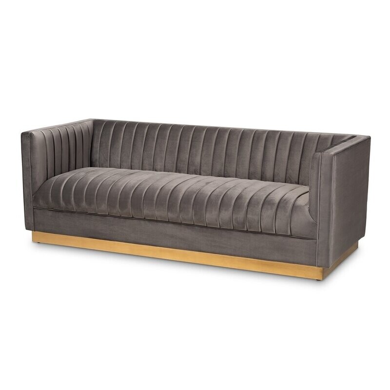 BAXTON STUDIO AVELINE GLAM AND LUXE GREY VELVET FABRIC UPHOLSTERED BRUSHED GOLD FINISHED SOFA
