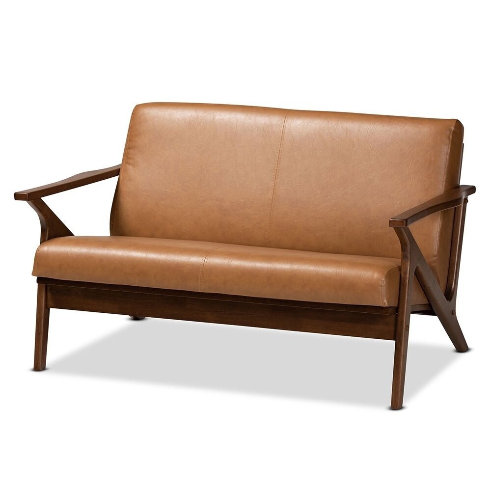 BAXTON STUDIO BIANCA MID-CENTURY MODERN WALNUT BROWN FINISHED WOOD AND TAN FAUX LEATHER EFFECT LOVESEAT