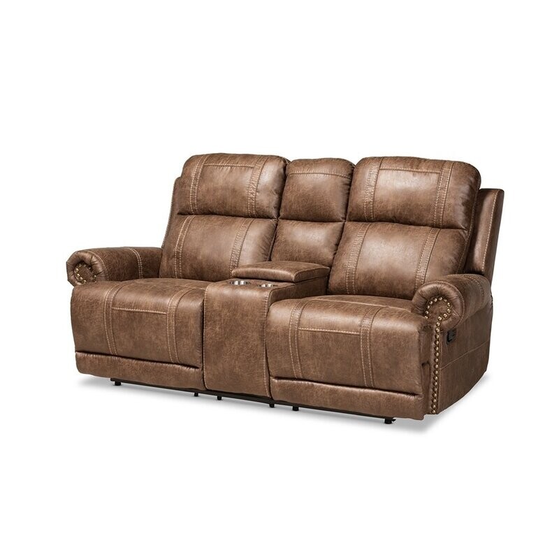 BAXTON STUDIO BUCKLEY MODERN AND CONTEMPORARY LIGHT BROWN FAUX LEATHER UPHOLSTERED 2-SEATER RECLINING LOVESEAT WITH CONSOLE