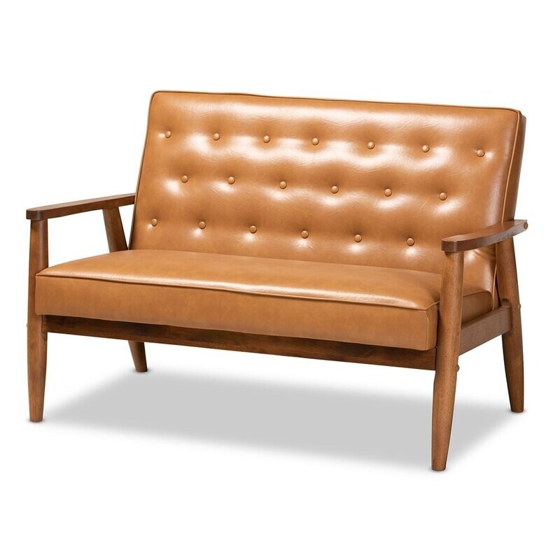 BAXTON STUDIO SORRENTO MID-CENTURY MODERN TAN FAUX LEATHER UPHOLSTERED AND WALNUT BROWN FINISHED WOOD LOVESEAT