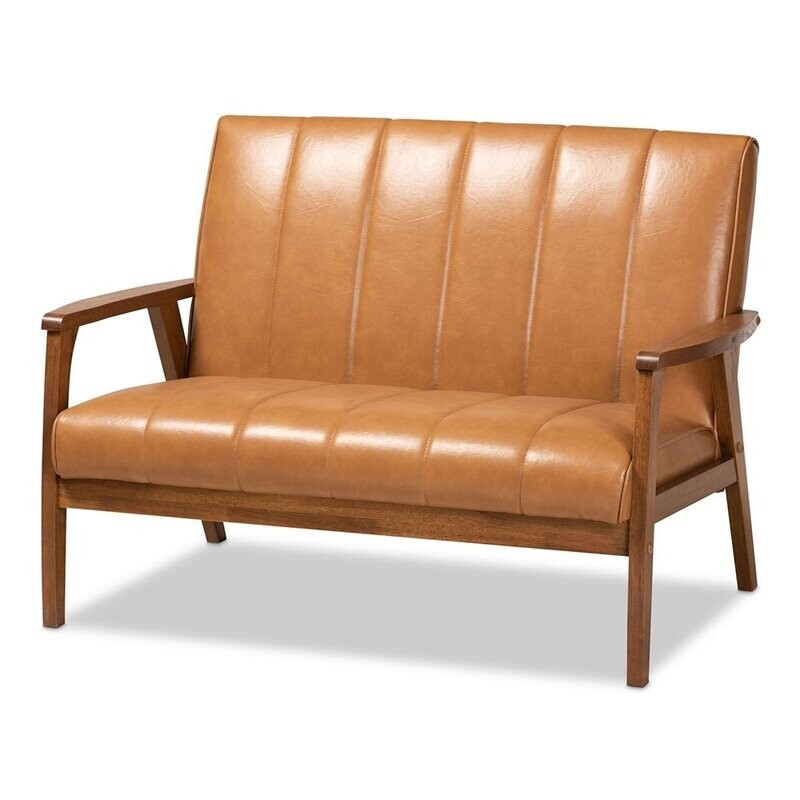 BAXTON STUDIO NIKKO MID-CENTURY MODERN TAN FAUX LEATHER UPHOLSTERED AND WALNUT BROWN FINISHED WOOD LOVESEAT