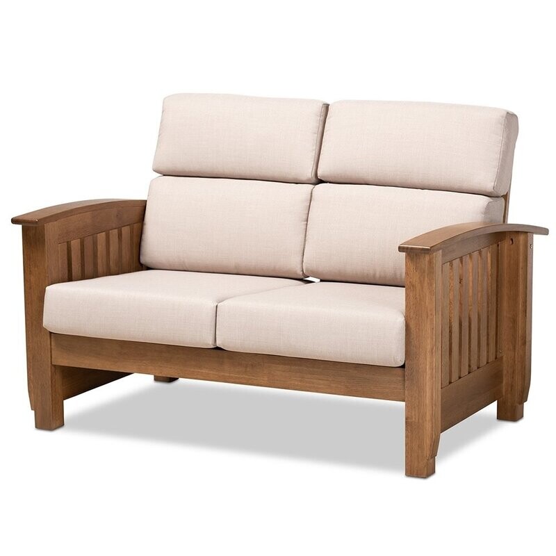 BAXTON STUDIO CHARLOTTE MODERN CLASSIC MISSION STYLE TAUPE FABRIC UPHOLSTERED WALNUT BROWN FINISHED WOOD 2-SEATER LOVESEAT