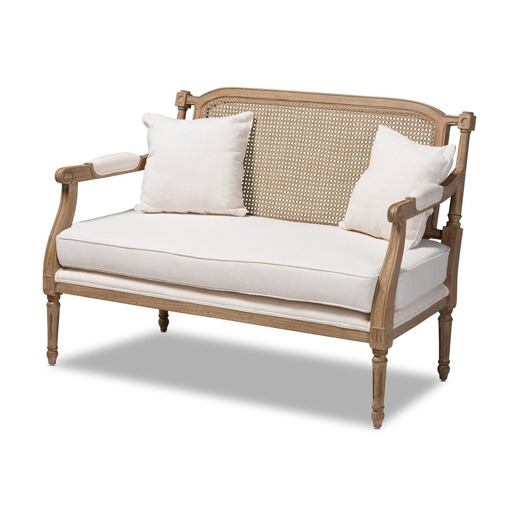 BAXTON STUDIO CLEMENCE FRENCH PROVINCIAL IVORY FABRIC UPHOLSTERED WHITEWASHED WOOD LOVESEAT